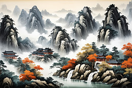 中式山水古建筑风景