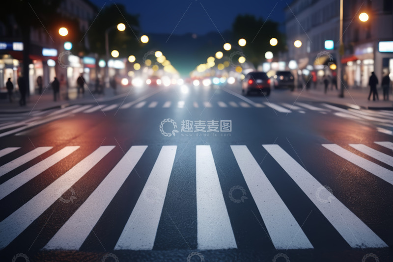 高清大图下载【趣麦麦图】夜晚城市街道斑马线景象