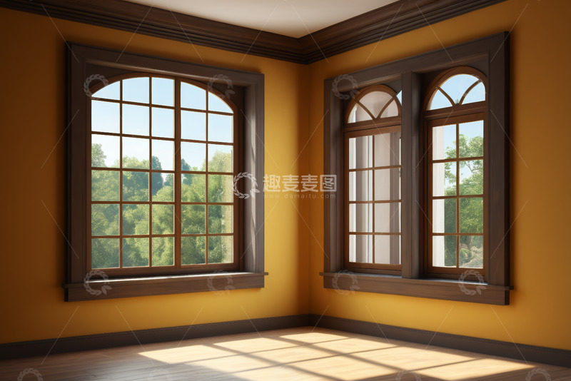 高清大图下载【趣麦麦图】室内黄色墙面木质窗户房间