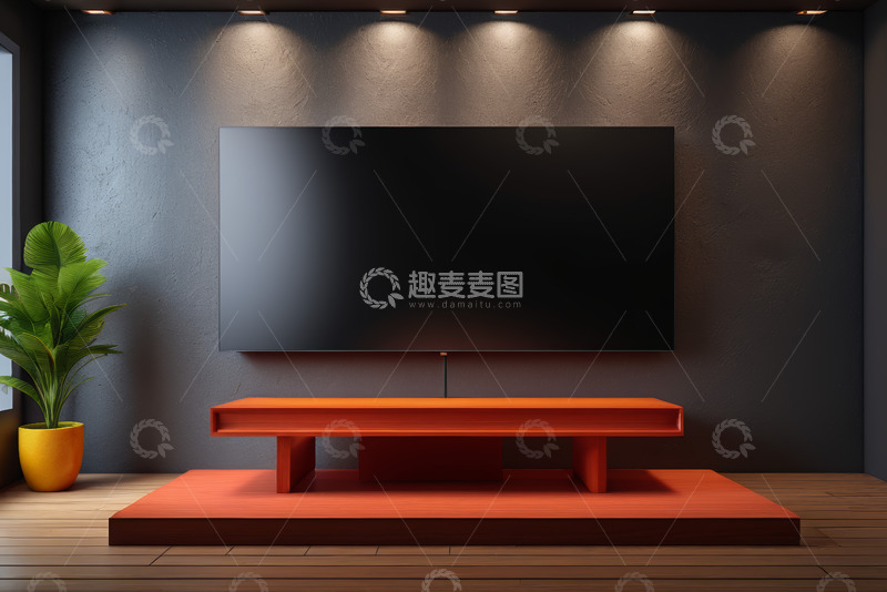 高清大图下载【趣麦麦图】现代室内电视与橙色家具布置