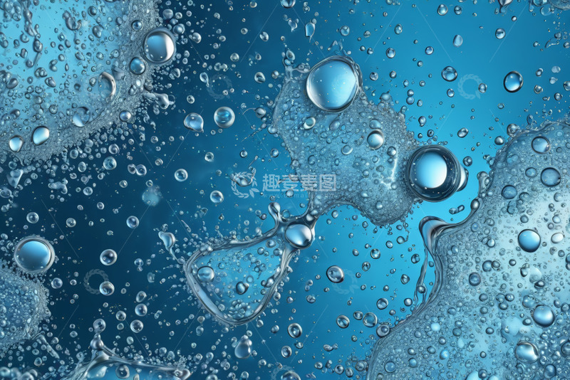 高清大图下载【趣麦麦图】蓝色背景下的水滴与气泡