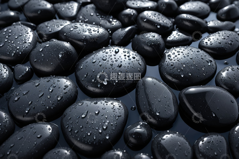高清大图下载【趣麦麦图】带水珠的黑色鹅卵石特写