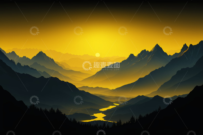 高清大图下载【趣麦麦图】夕阳下连绵山脉与河谷景观