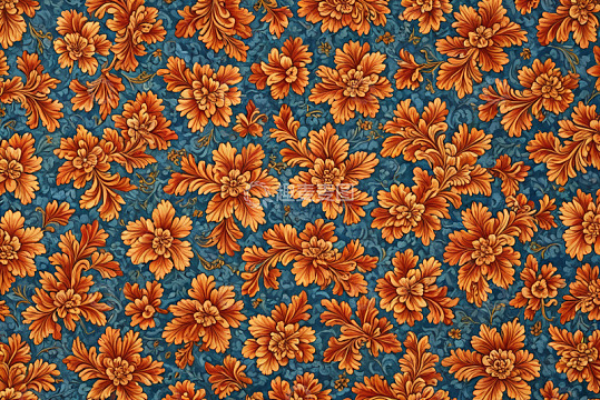 蓝色背景橙色花卉装饰图案