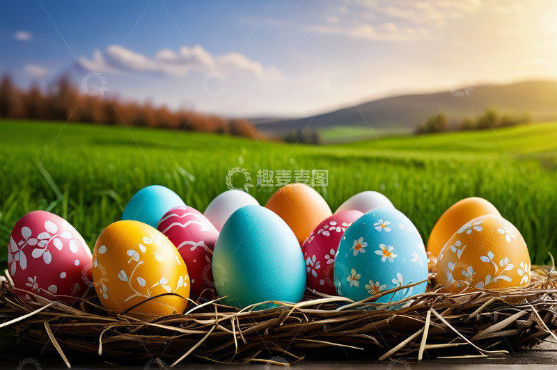 高清大图下载【趣麦麦图】草地上鸟巢中的复活节彩蛋