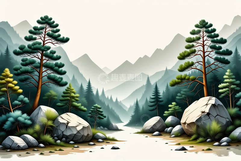高清大图下载【趣麦麦图】山林间松树林与岩石景观