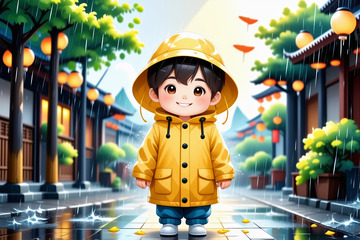 穿雨衣小男孩雨中街道场景