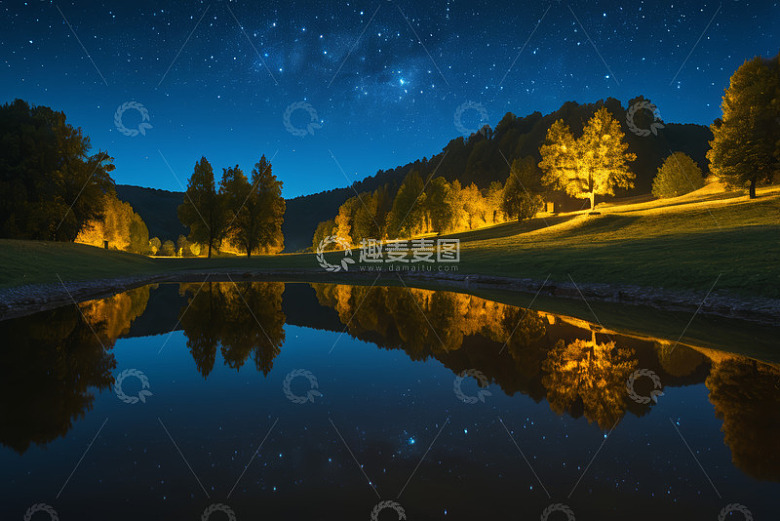 夜晚山林湖畔星空倒影景象