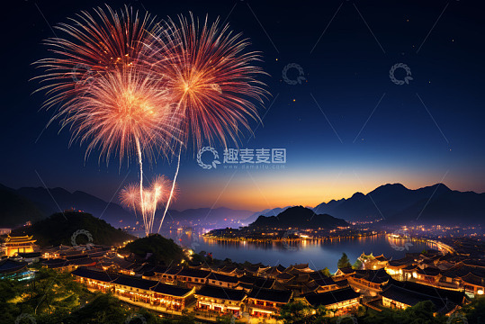 夜景中湖边古建筑旁绽放的烟花