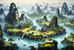 水墨风格中国风山水古建筑景观