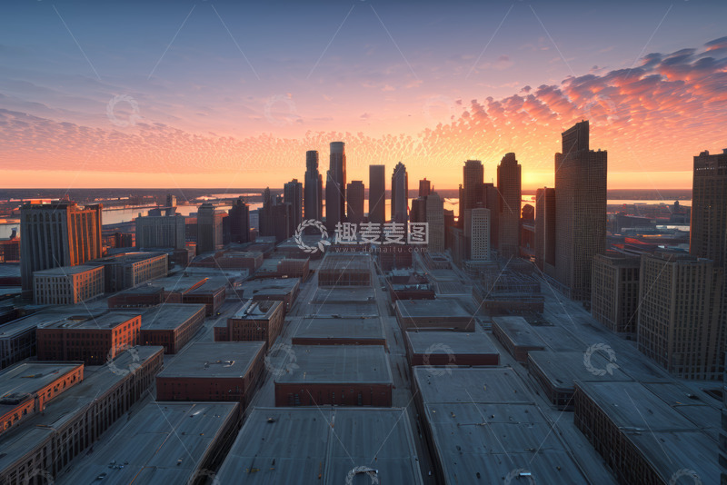 高清大图下载【趣麦麦图】城市日出时的摩天大楼景观