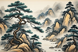 中式水墨山水松树风景