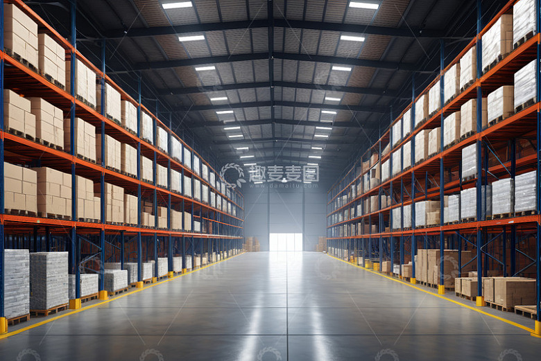 大型仓库内货架及货物场景