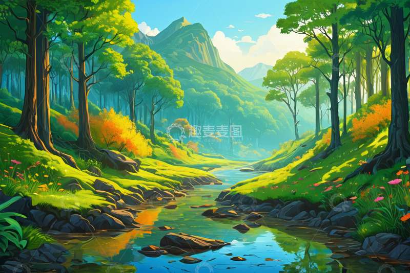 高清大图下载【趣麦麦图】森林中的溪流与青山美景
