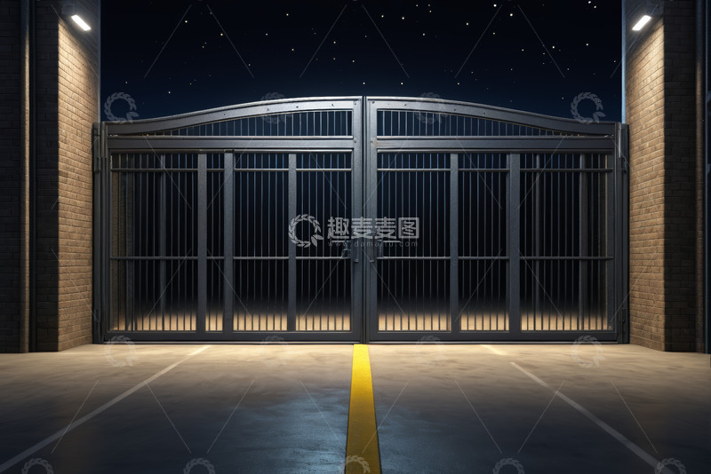 高清大图下载【趣麦麦图】夜晚庭院金属大门场景