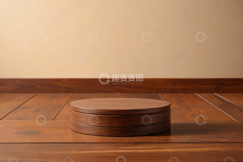 高清大图下载【趣麦麦图】木质地板上的圆形木盒
