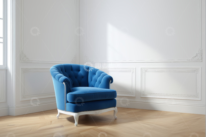 高清大图下载【趣麦麦图】室内白色墙面旁的蓝色单人沙发