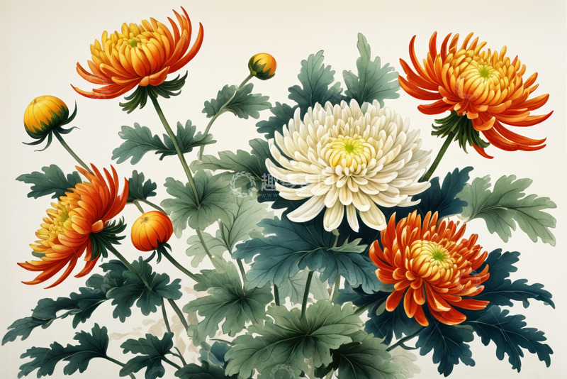 高清大图下载【趣麦麦图】多彩菊花花卉插画