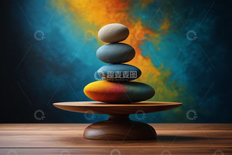高清大图下载【趣麦麦图】木盘上堆叠彩色平衡石头