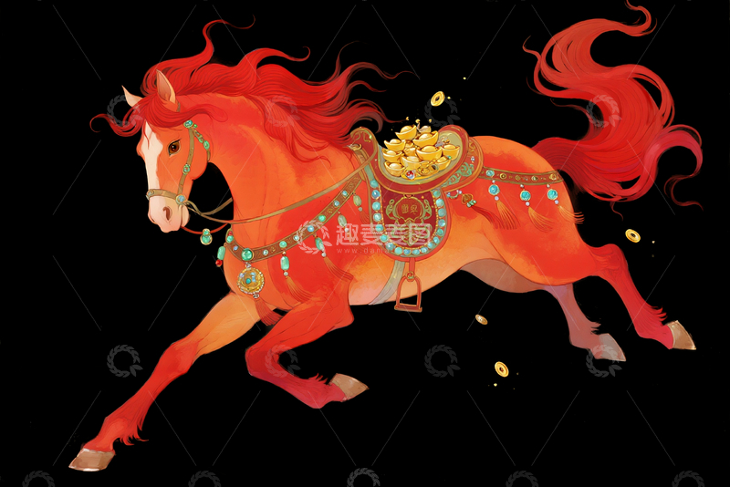 源文件下载【趣麦麦图】水彩手绘东方美学红色骏马1
