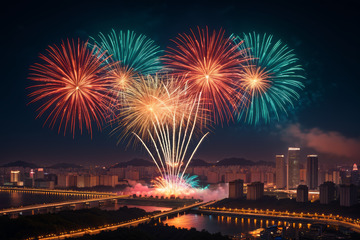 城市夜景中绽放的绚丽烟花
