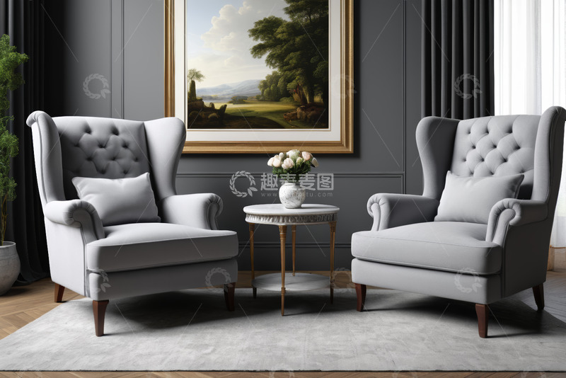 高清大图下载【趣麦麦图】室内灰色扶手椅与装饰画场景
