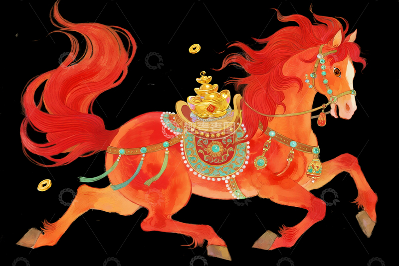 源文件下载【趣麦麦图】水彩手绘东方美学红色骏马2