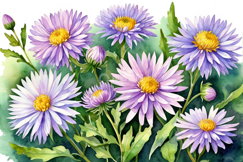 高清大图下载【趣麦麦图】紫色菊花水彩画