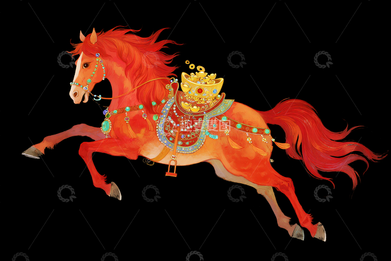 源文件下载【趣麦麦图】水彩手绘东方美学红色骏马3