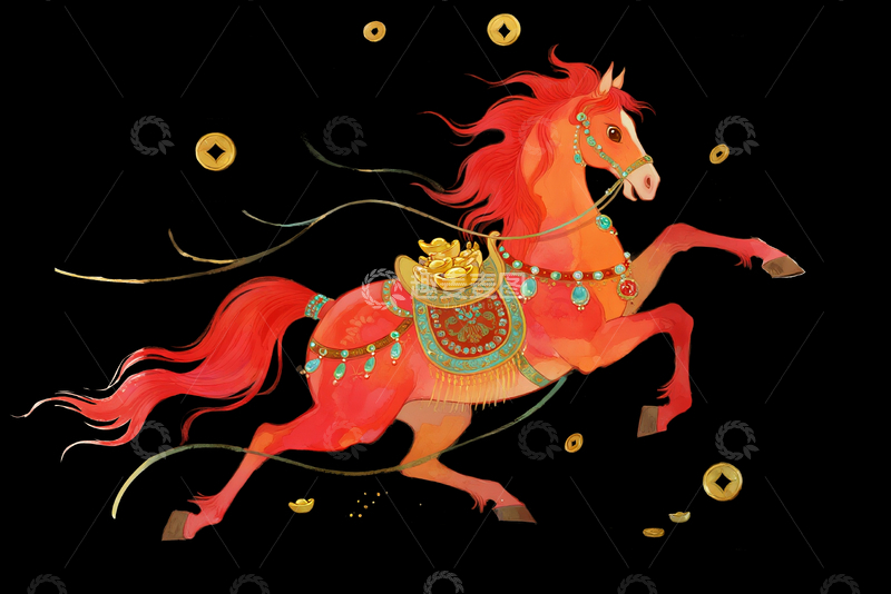 源文件下载【趣麦麦图】水彩手绘东方美学红色骏马4