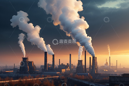 黄昏时工厂烟囱排放烟雾景象