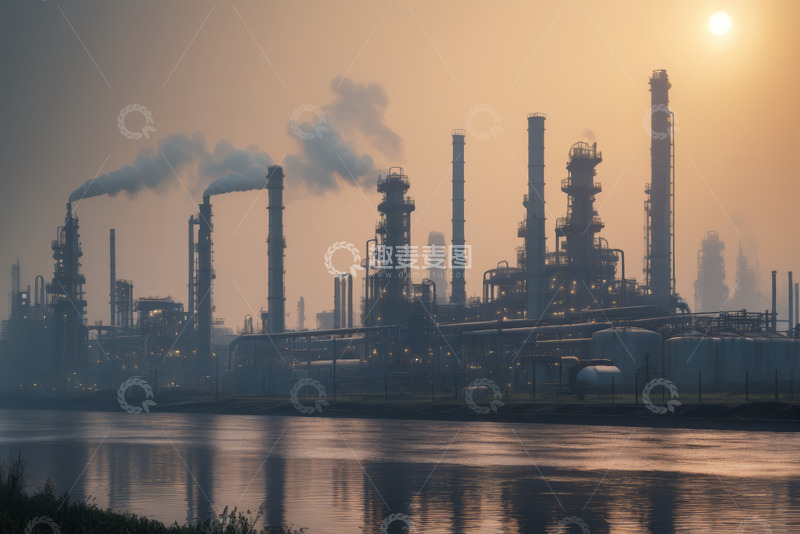 高清大图下载【趣麦麦图】黄昏下的炼油厂与河流景观