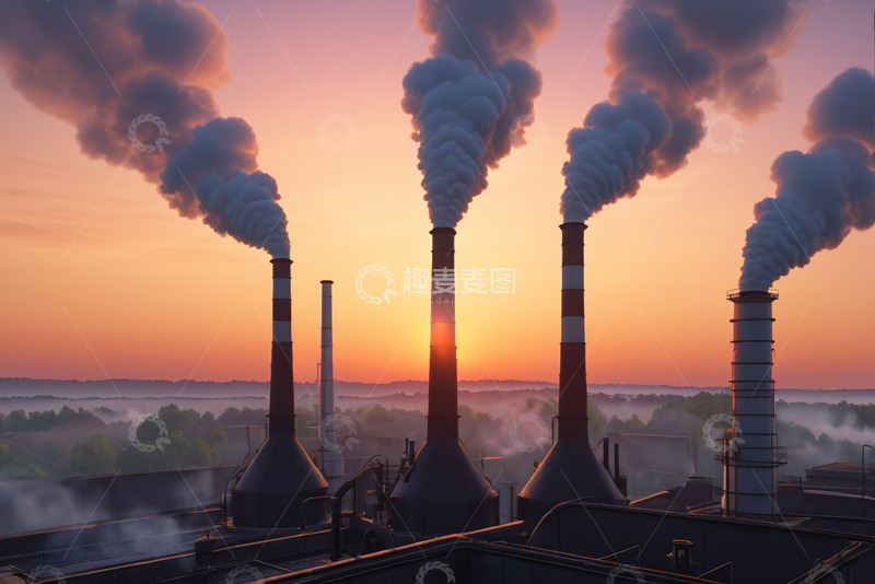 高清大图下载【趣麦麦图】夕阳下工厂烟囱排放烟雾景象