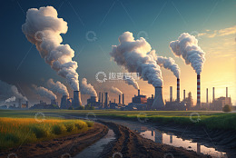 黄昏下冒烟的工业工厂
