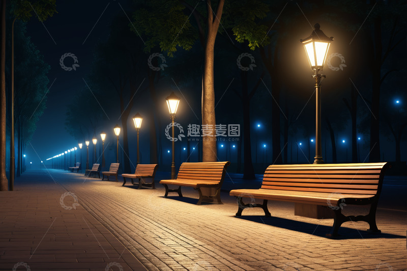 高清大图下载【趣麦麦图】夜晚公园长椅与路灯场景