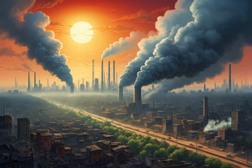 夕阳下城市工厂烟囱冒烟景象