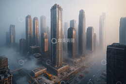 雾中城市高楼全景