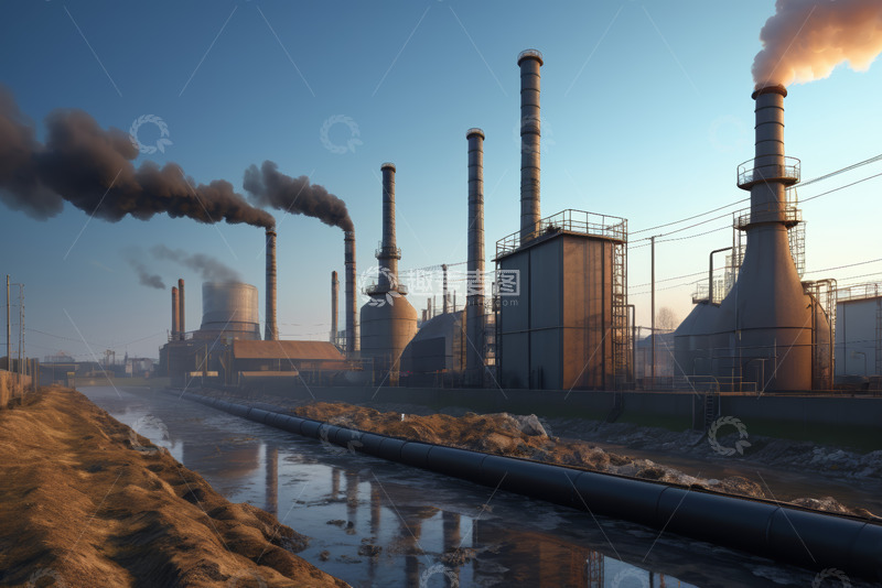 高清大图下载【趣麦麦图】工业区工厂烟囱冒烟景象