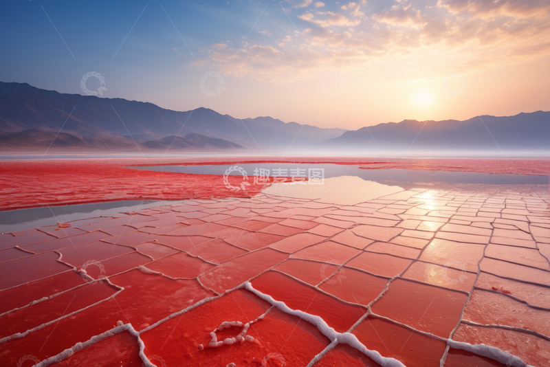 高清大图下载【趣麦麦图】红色盐湖日落自然风光