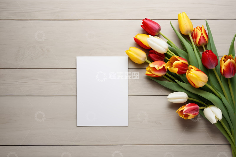 高清大图下载【趣麦麦图】木质背景上的郁金香与空白卡片