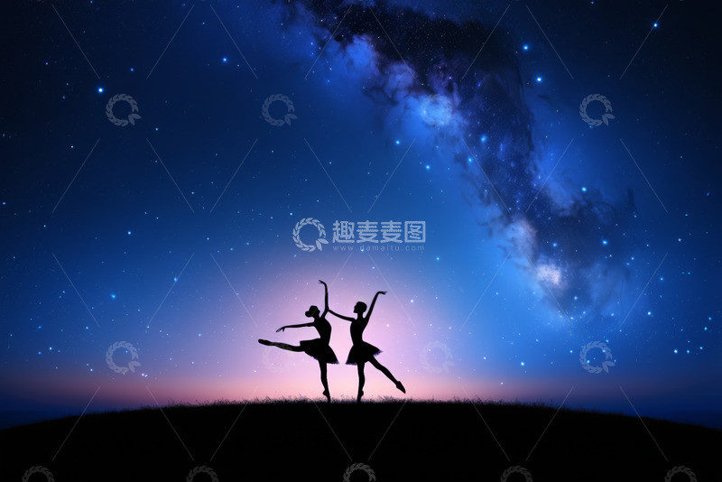 高清大图下载【趣麦麦图】星空下两位芭蕾舞者的优美姿态