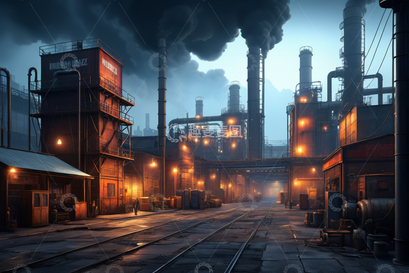高清大图下载【趣麦麦图】黄昏时分的工业工厂场景