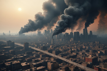 城市上空工厂烟囱排放黑烟景象