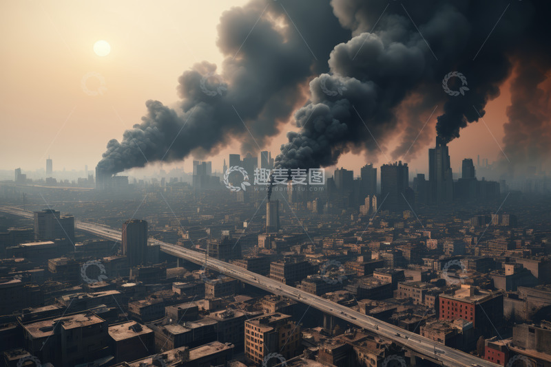 高清大图下载【趣麦麦图】城市上空工厂烟囱排放黑烟景象