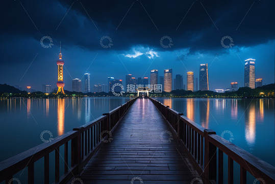 武汉夜景湖畔木栈道城市风光