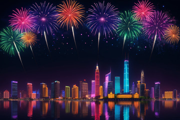 城市夜景烟花绽放画面