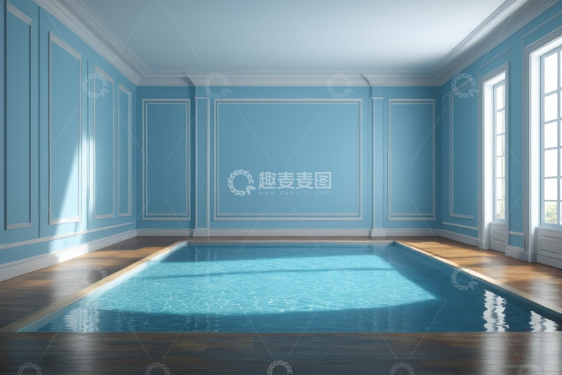 高清大图下载【趣麦麦图】室内蓝色墙壁木质地板游泳池