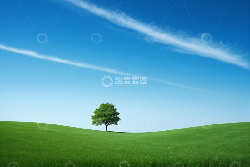 高清大图下载【趣麦麦图】绿草地中孤树立于蓝天之下