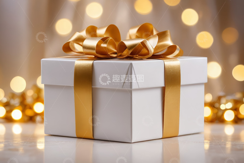 高清大图下载【趣麦麦图】带金色丝带的白色礼品盒