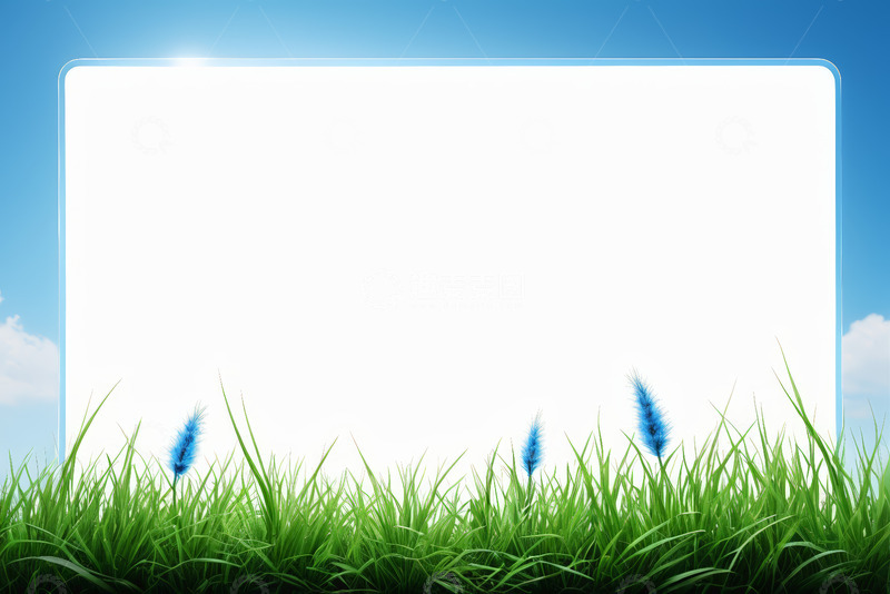 高清大图下载【趣麦麦图】蓝天白云下的绿草与蓝花背景